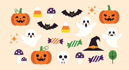 Halloween Cartoon Icons Festive Pumpkins, Ghosts, Bats, and Candy for Spooky Fun