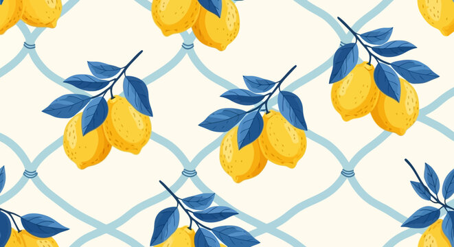 Lemon and Blue Leaves Pattern Background