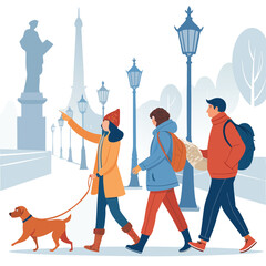 Urban Exploration Vector Design Featuring City Streets Architecture and Transportation Elements in a Modern Stylized Illustration with a CMYK Color Palette