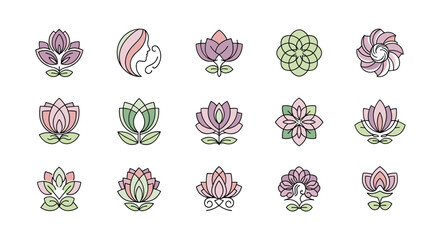 Set of 15 abstract floral logo designs and icons in a clean, modern line art style, featuring pastel colors like pink, purple, and green, perfect for beauty salons, spas, wellness centers, and yoga