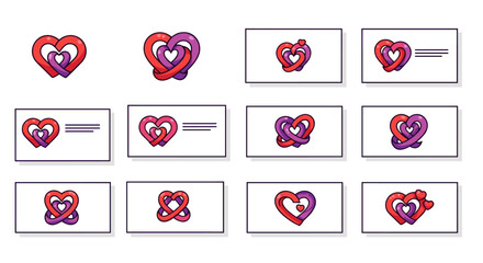 Set of stylized, intertwined heart logos in vibrant red and purple hues, presented on white backgrounds with subtle business card design elements, symbolizing love, connection, and partnership. This