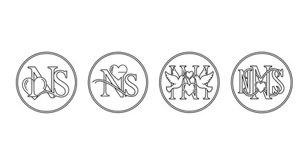 Set of four circular monograms featuring the letters N and S, intricately designed with romantic and celebratory elements like hearts, balloons, and doves, presented as clean line art on a white
