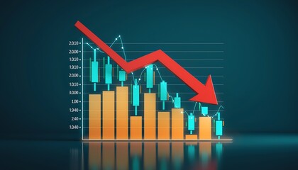 Red arrow pointing down on a stock market candlestick chart representing financial loss and economic recession