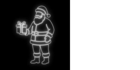 White Neon Santa Claus Holding Gift Outline Christmas Holiday Glowing Light Illustration On Black and Transparent Background