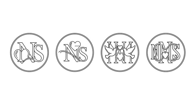 Set of four circular monograms featuring the letters N and S, intricately designed with romantic and celebratory elements like hearts, balloons, and doves, presented as clean line art on a white