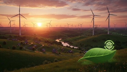 Wind Turbines at Sunset: A captivating sunset paints the sky as wind turbines harness the power of nature, standing tall atop rolling green hills, promoting a clean, sustainable future. 