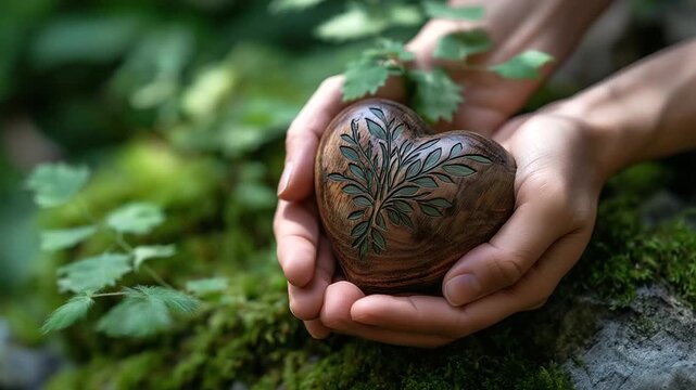 Hands hold a wooden heart with a wellness symbol hyper realistic engraving with vivid details moody shadows on a mossy background bright saturation in nature visuals wellness