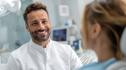 Smiling dentist showing healthy white teeth of patient, modern dental clinic