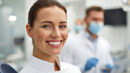 Smiling dentist showing healthy white teeth of patient, modern dental clinic