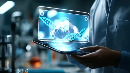 A scientist in a futuristic lab holds a transparent tablet with a holographic DNA helix hyper realistic DNA visuals with vivid details moody shadows on lab equipment bright - Powered by Adobe