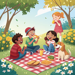 Whimsical Cat Illustration A Spontaneous Outdoor Picnic Scene with Colorful Elements