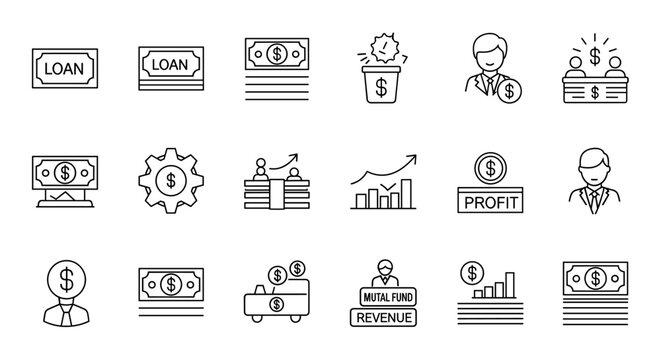 A comprehensive collection of finance icons, featuring loan, cash, savings, financial goals, profit, budget, mutual funds, earning money, and revenue symbols, presented in a clean, solid line art