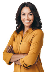 Smiling middle-aged businesswoman with arms crossed in golden yellow shirt against dark background, concept for executive leadership, professional headshot and corporate communications