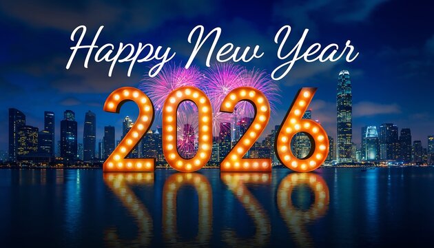 Bright illuminated numbers 2026 glowing with warm light against a vibrant city skyline and fireworks display celebrating the new year