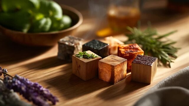 A scene with wooden blocks displaying the eight wellness dimensions hyper realistic symbols with vivid textures moody shadows on a table bright saturation in health visuals