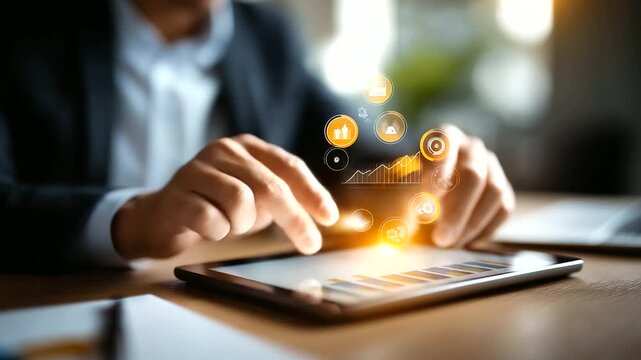 A business consultant uses a tablet with floating icons of analytics and teamwork hyper realistic visuals with clear details moody shadows on a desk bright saturation in - Powered by Adobe