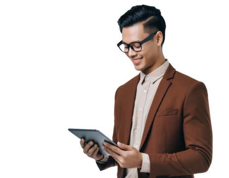 Smiling young professional project manager in brown suit using tablet on white and transparent background, concept for executive presentation, financial technology and corporate communication