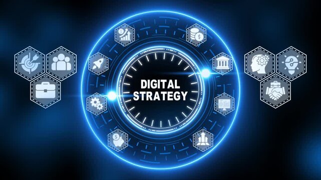 Digital Strategy Concept with Blue Neon Glow and Hexagonal Icons in a Circle business technology