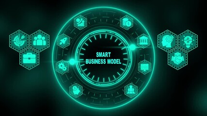 Neon teal digital illustration of a smart business model with hexagonal icons and a central circular interface - Powered by Adobe
