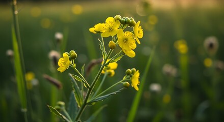 Close-up of yellow wildflowers in a field, basking in warm sunlight. Soft bokeh background