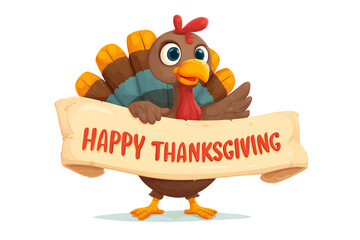 Naklejka premium Cartoon Turkey Holding Happy Thanksgiving Banner