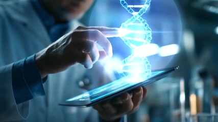 A scientist in a futuristic lab holds a transparent tablet with a holographic DNA helix hyper realistic DNA visuals with vivid details moody shadows on lab equipment bright - Powered by Adobe