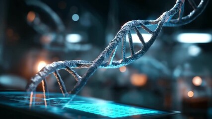 A photorealistic DNA double helix floats in a high tech medical lab with a holographic interface hyper realistic genetic visuals with clear details moody shadows on lab surfaces - Powered by Adobe