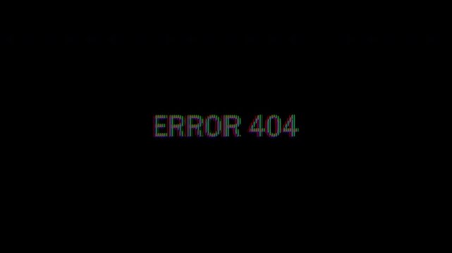 4k stock | Error 404 in a distorted font against a black background. Suitable for website error pages or technology related designs.