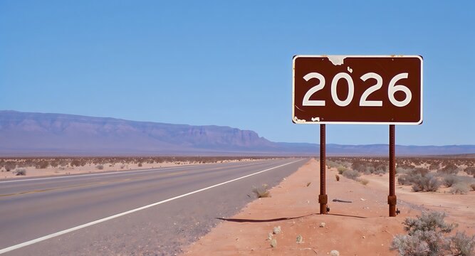A weathered brown sign displaying the year 2026 stands beside a desolate desert highway with distant mountains under a clear blue sky - Powered by Adobe