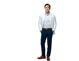 Full body shot of confident Asian man in a white blazer and blue pants on white and transparent background, concept for corporate leadership, executive portraits and professional presentations