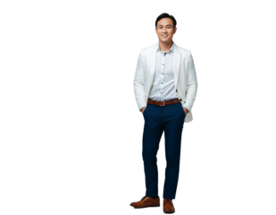Full body shot of confident Asian man in a white blazer and blue pants on white and transparent background, concept for corporate leadership, executive portraits and professional presentations