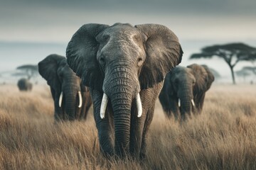 Fototapeta premium Majestic giants: elephants roaming the heart of the african savanna. Artistic distortion. Majestic procession: elephant herds in tarangire's sun-drenched terrain. Fantastical figures.