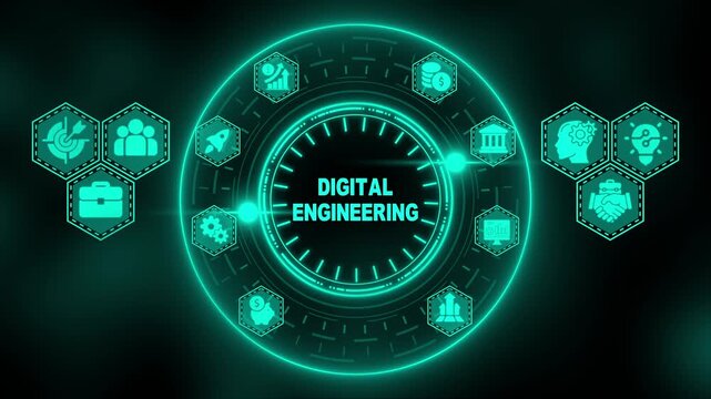 Digital Engineering concept with glowing teal icons and central text on dark background technology innovation