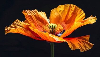 Radiant orange poppy bloom, ruffled petals, central stamen highlighted against a stark black backdrop, soft light
