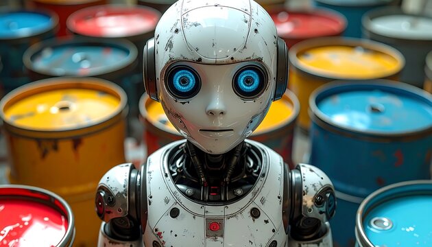 Robot with blue eyes stands among colorful barrels in a warehouse, exhibiting an inquisitive, slightly surprised expression