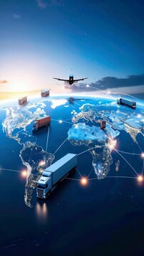 Global logistics network illustration with cargo plane and freight trucks moving goods around a world map at dusk