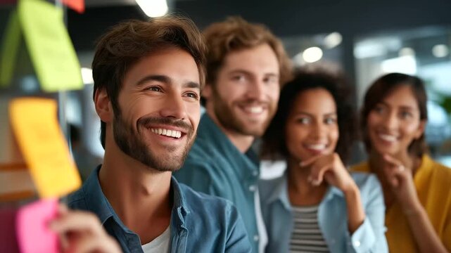 A diverse team collaborates with colorful sticky notes on a whiteboard a leader fostering empathy and engagement hyper realistic notes with vivid text moody shadows in a modern