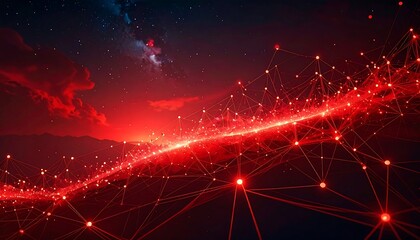 Red glowing network of connected nodes over mountain vista under starry sky, digital representation