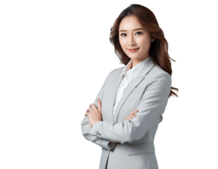 Confident Asian woman wearing a grey suit with arms crossed on a white and transparent background, concept for corporate leadership, executive management and business consulting