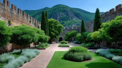 Obraz premium Panoramic View Of A Majestic Castle Courtyard With Lush Green Gardens Stone Walls And Verdant Mountains Under A Clear Blue Sky On A Sunny Day