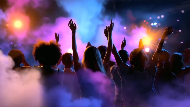 Faceless group of people dancing near the DJ booth, holiday lights and smoke effects creating an abstract, glowing scene, with copy space.