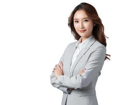 Confident Asian woman wearing a grey suit with arms crossed on a white and transparent background, concept for corporate leadership, executive management and business consulting