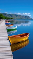 Fototapeta premium Row Boats Tied To A Wooden Dock On A Calm Lake With Distant Mountains Under A Bright Blue Sky