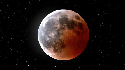 Mysterious blood moon during lunar eclipse. red supermoon in night sky full of stars. Awe inspiring astronomy, celestial event in space