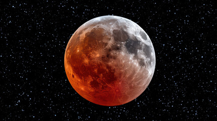 Mysterious red blood moon during lunar eclipse in deep space. stunning celestial supermoon astronomy event in night sky full of star