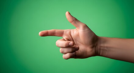 Man hand pointing finger isolated on green screen. Chromakey effect with male hand gesture for virtual production.