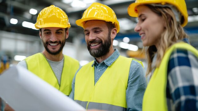 Three engaged construction workers, two men and a woman, in bright yellow safety vests and helmets, discussing plans in a warehouse.
