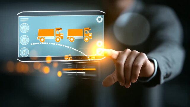 A manager uses a digital interface for procurement analytics hyper realistic logistics icons with vivid details moody shadows on a screen bright saturation in supply chain