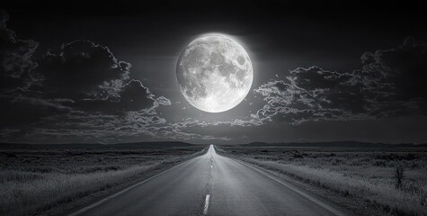 A long empty road leading into a vast landscape under a large bright full moon illuminating the night sky with scattered clouds
