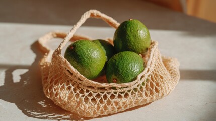 A natural light photograph of a mesh bag filled with fresh green limes, showcasing a minimalistic and eco-friendly vibe.